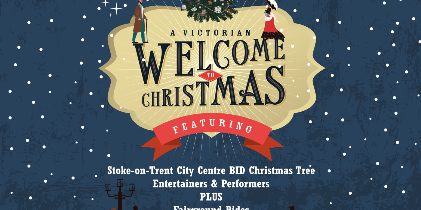Graphic illustration including a gold coloured frame with the words A Victorian Welcome to Christmas overlaid in an old style font. Rays of light shine out from behind the text. Figures in Victorian clothes stroll throughout the design. There are text details of the activities, and date and time information on a red banner. The background is blue with snowflakes falling.