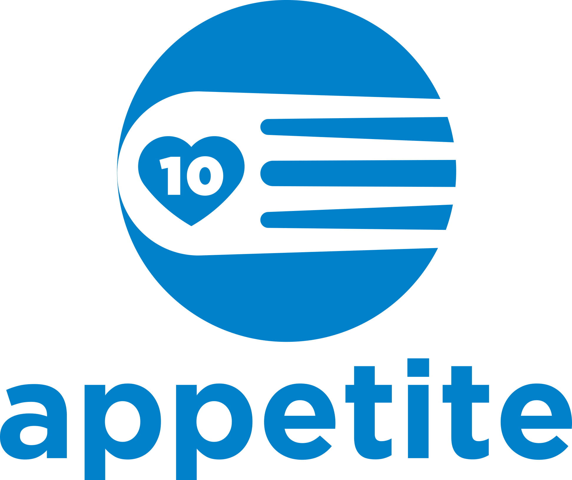 The Appetite logo is an illustration of a blue circle with the end of a fork overlaid in white. Inside the bowl of the fork is a blue heart and, on top of that, is the numeral 10 in white
