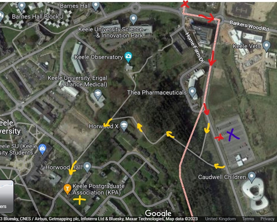 Overhead map of Keele University campus with a route marked