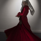 A woman in medieval dress of floor-length res dress and white head covering is shown side on looking over her shoulder. Her dress is flowing. The lighting is dark.