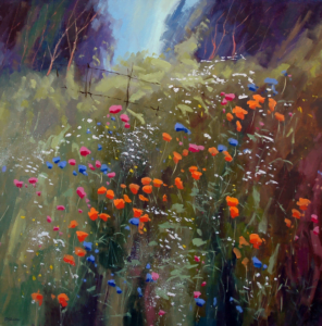 Impressionistic painting of wild flowers in a meadow. The background consists of strokes of green and blue moving up towards the right, and small, brightly coloured blobs depict the flowers.