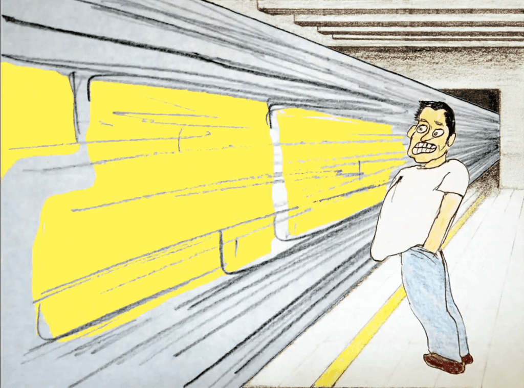 A cartoon illustration of a person wearing a white t shirt and blue jeans leaning backwards as a subway train with yellow windows passes them.