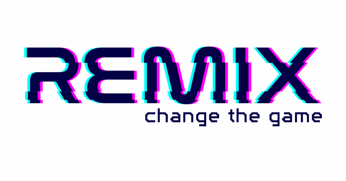 'Remix Change the Game' written in navy pixelated writing with electric blue and bright pink shadow