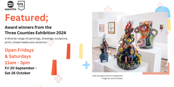 A graphic including information about the Featured exhibition at Newcastle Common. On the left hand side there is orange and black text which reads 'Featured; Award winners from the Three Counties Exhibition 2024. Open Fridays & Saturdays 11am - 3pm Fri 20 September - Sat 26 October.'. The Appetite, Arts Keele and Newcastle Common logos are in the top left hand corner. On the right there is a photograph of some of the artwork which will be on display, three colourful and abstract ceramic models. Below the image is text that reads 'Take Up Space by Kim Hargreaves. Image by Jenny Harper'.