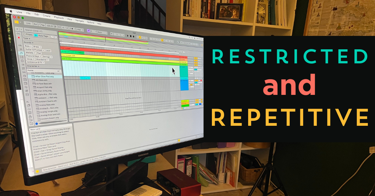 A computer monitor shows some audio software with horizontal lines in bright colours. Behind the monitor is a tall bookcase, and through the door you can make out some stair bannisters. The monitor is at an angle from the left-hand side, and on the right-hand side it meets a large back square that has coloured writing on in the same colours as are on the monitor. The writing says "Restricted and repetitive"
