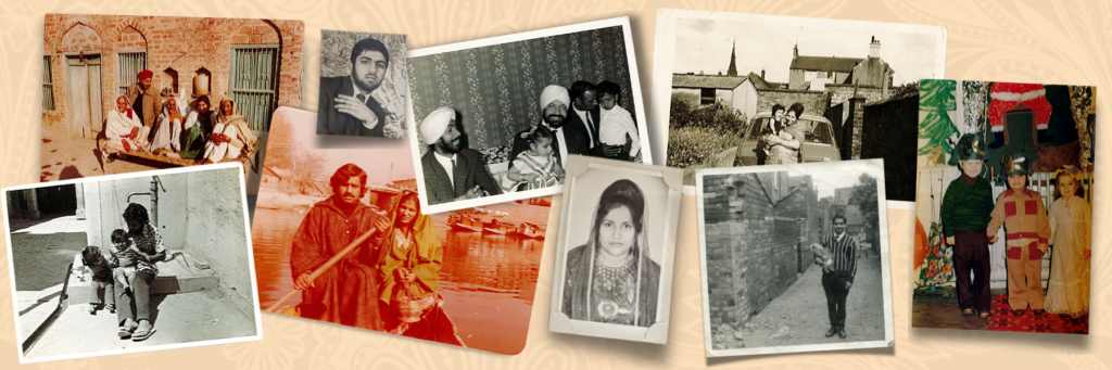 Nine old photographs are displayed against a cream coloured background with a faint paisley pattern to it. The images are discernably aged back to the 1970s and older. Some are black-and-white, some have orange sepia tones and others are in colour. They show family members in various social situations and a couple of individual headshots of a young South Asian man and woman.