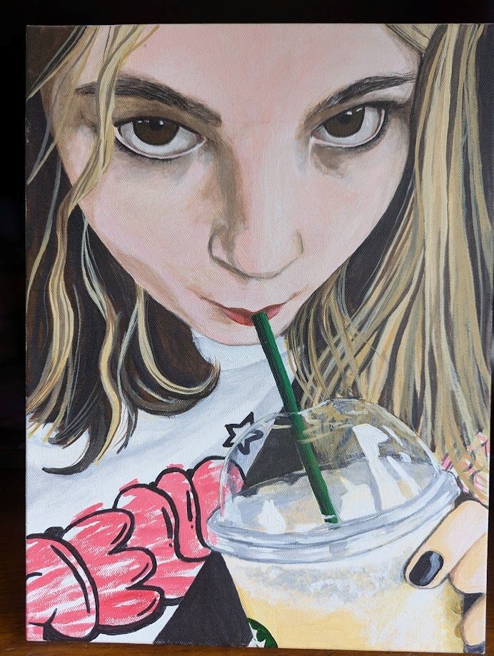A painted portrait of a girl looking up at the viewer while sipping a drink through a green straw from a clear takeaway cup. Her large eyes and the playful graphic print on her top add a bold, youthful energy to the piece.