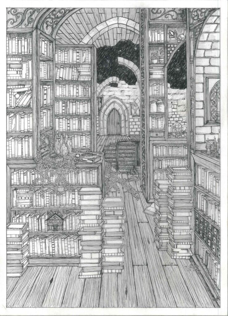 A detailed black and white drawing of an old library or study room, with towering bookshelves packed with books and stacks lining the wooden floor. The arched ceiling and stone walls evoke a medieval atmosphere, while bottles, jars, and decorative items add character.