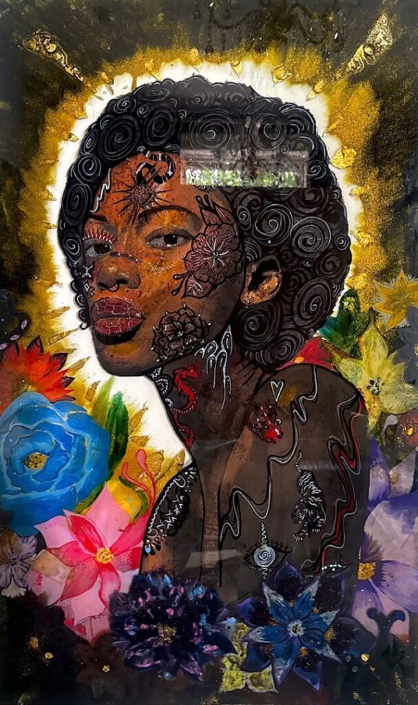 A richly detailed portrait of a woman with intricate floral and symbolic patterns adorning her skin and hair, surrounded by vibrant flowers and a glowing golden halo. The artwork blends elements of fantasy, nature, and strength, creating a powerful and radiant presence.