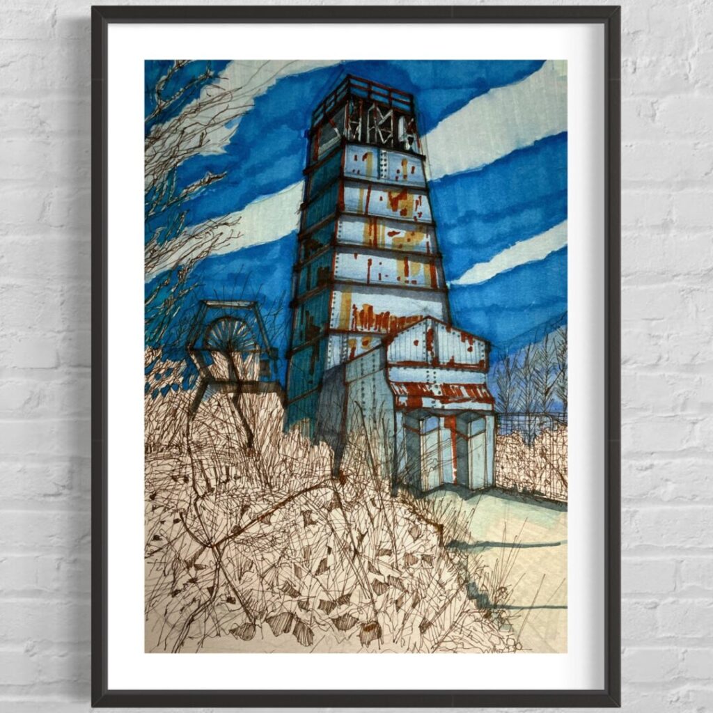 A framed artwork depicting an industrial structure, set against a vibrant blue sky. Rust tones highlight the building’s aged texture, while detailed ink drawings of plants in the foreground add contrast and depth.