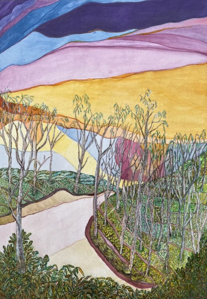 A vibrant abstract landscape painting featuring tall, slender trees with sparse leaves. The background is layered with bold shades of purple, blue, pink, yellow, and orange, evoking an impressionistic sky or distant mountains.