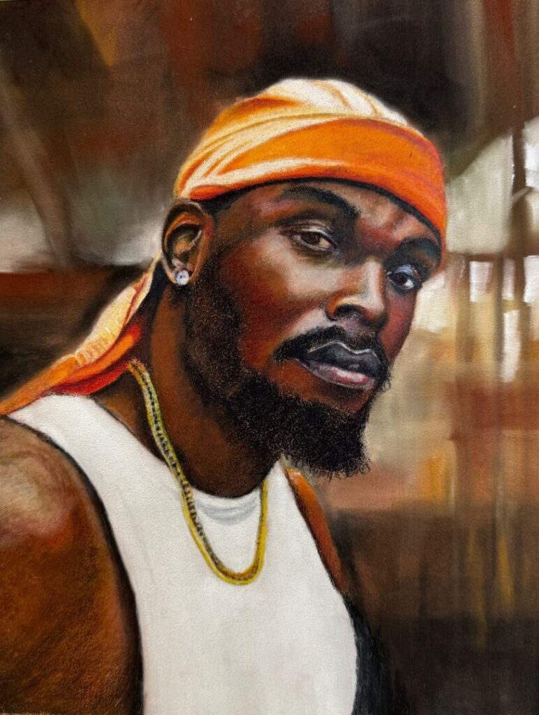 A vibrant painted portrait of a man wearing an orange and white durag, a white vest, and a gold chain, gazing directly at the viewer with a calm, confident expression. The warm, blurred background and soft textures give the painting an intimate, expressive feel.