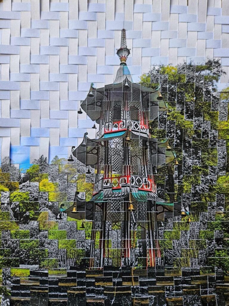 A woven collage depicting a multi-tiered pagoda-like structure with ornate railings and hanging bells, set in gardens. The image blends black-and-white and colour elements, with trees and greenery in the background.