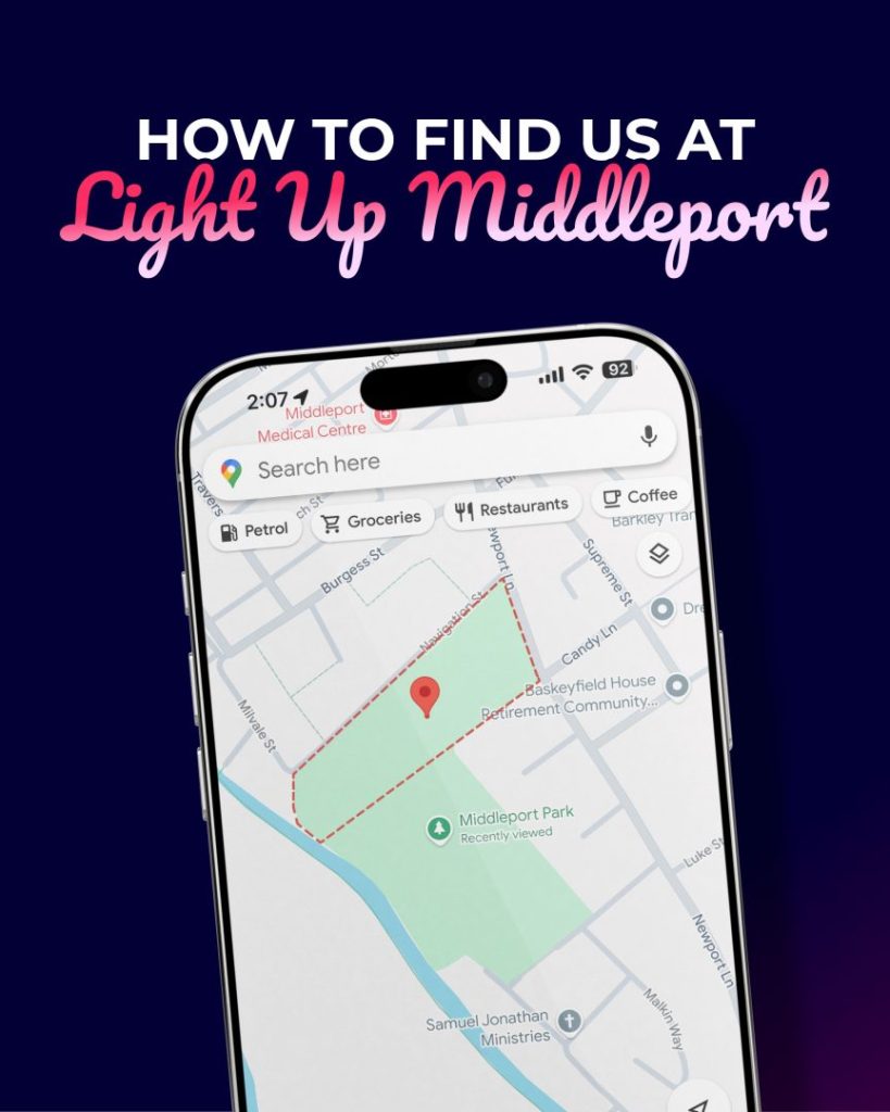 How to find us at Light Up Middleport. An illustration of a map shown on a mobile phone screen with the bowling green area of Middleport surrounded by a red dotted line and a red pinpoint in the centre.