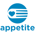 The Appetite logo in blue. Shows a circular design with a love heard shape inside. Appetite is written below the shape.