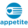 The Appetite logo in blue. Shows a circular design with a love heard shape inside. Appetite is written below the shape.