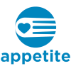 The Appetite logo in blue. Shows a circular design with a love heard shape inside. Appetite is written below the shape.