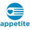 The Appetite logo in blue. Shows a circular design with a love heard shape inside. Appetite is written below the shape.