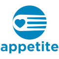 The Appetite logo in blue. Shows a circular design with a love heard shape inside. Appetite is written below the shape.