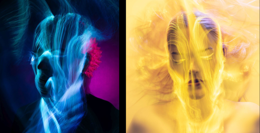 The picture shows two images. The one on the left is the silhouette of a person's portrait, with blue and purple patterns covering the face. The second image is also a person's portrait, covered by yellow patterns.