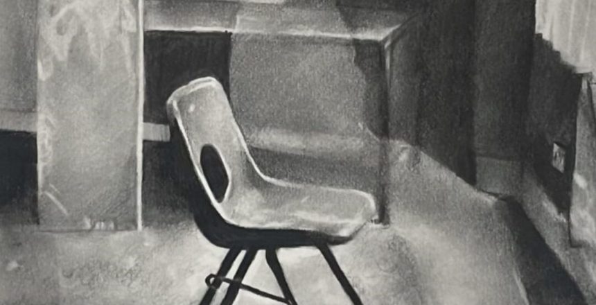 The image shows a image drawn with graphite. The drawing shows a room with a chair facing to the right. There is a silhouette of a person sat on the chair.