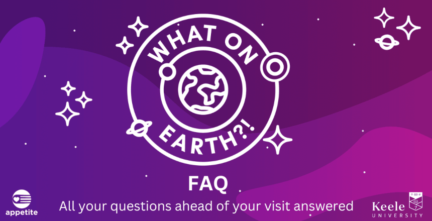 The image shows a purple and pink background, with white stars. There is a white image which says 'FAQ. All your questions answered ahead of your visit!’. In the bottom left-hand corner is the Appetite logo. In the right hand corner is the Keele university logo.