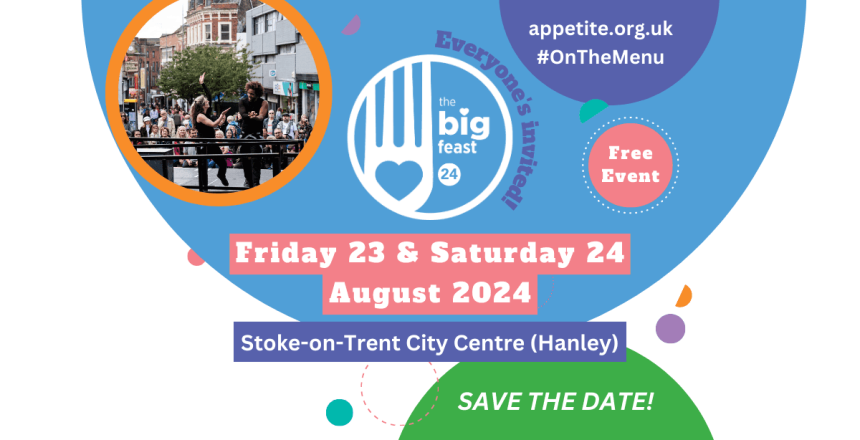 The image shows circular patterns in blues, greens, purples and pinks. On the left there is a circular picture of two people dancing on stage with an audience behind them. In the centre there is the Big Feast 2024 logo.